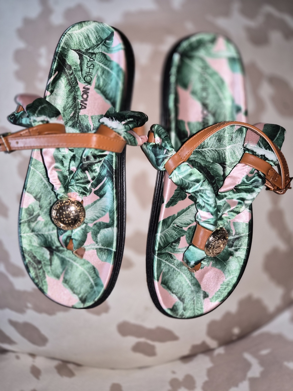 Fashion Nova Pink & Green Tropical Leaf Sandals